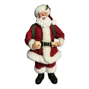 Vintage clothtique Santa Claus 10” holding letters to Santa carrying filled bag.
